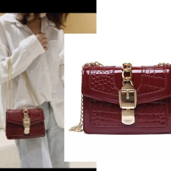 Red burgundy Messenger Bag small Shoulder Bag Crocodile pattern Flap chain Sling - Picture 12 of 12